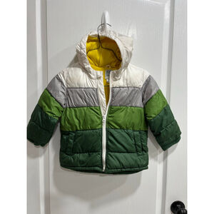 Kids Old Navy Hooded Color Block Puffer Jacket with Yellow Fleece Lining, 3T